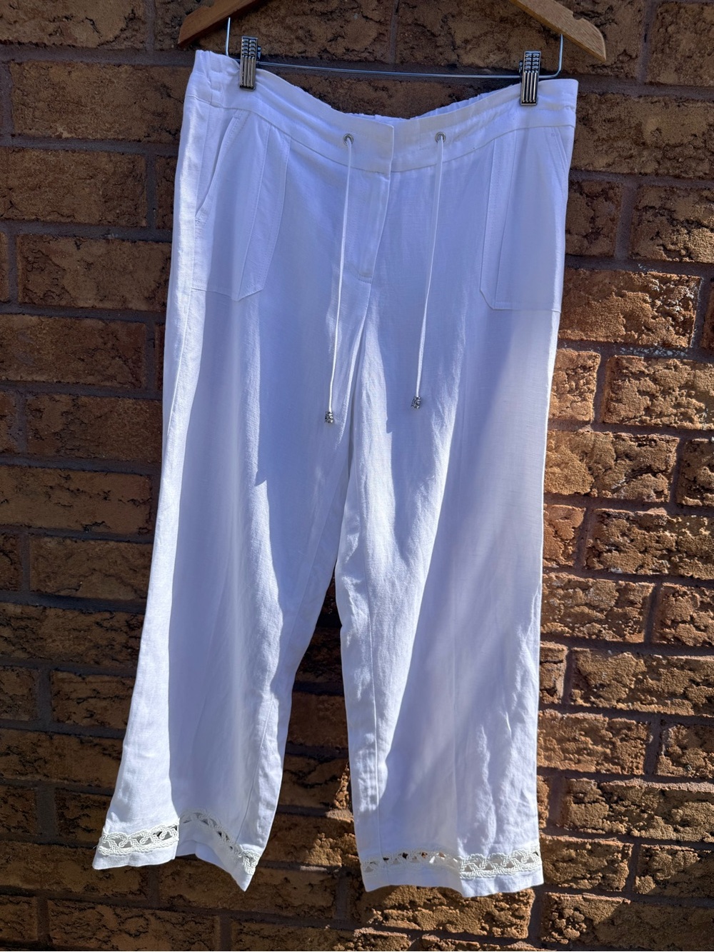 Laura Bohemian White Lace-Hem Linen Gauze Pants